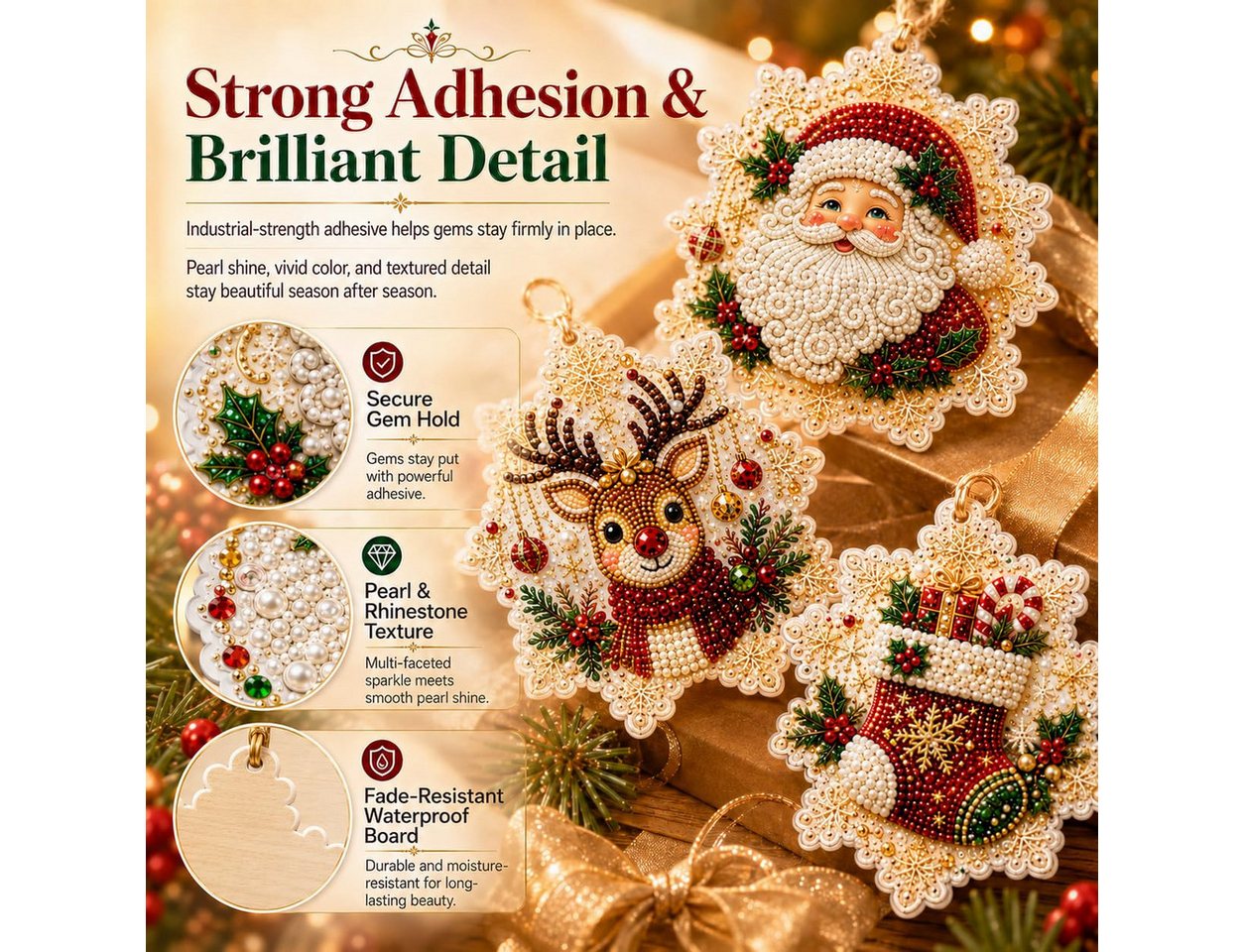 Bomiclss Kreativset 6-teiliges DIY-Set für Weihnachtsschmuck (Perlen- & Diamond-Art), Weihnachtliches Perlenbastelset mit Aufhängeschnur für Erwachsene Bild 2