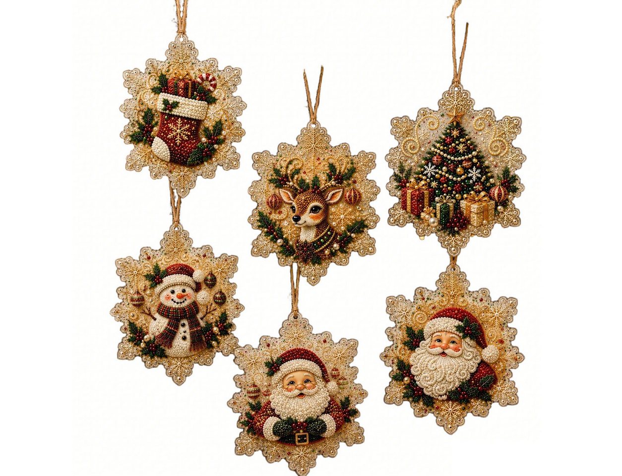 Bomiclss Kreativset 6-teiliges DIY-Set für Weihnachtsschmuck (Perlen- & Diamond-Art), Weihnachtliches Perlenbastelset mit Aufhängeschnur für Erwachsene Bild 3