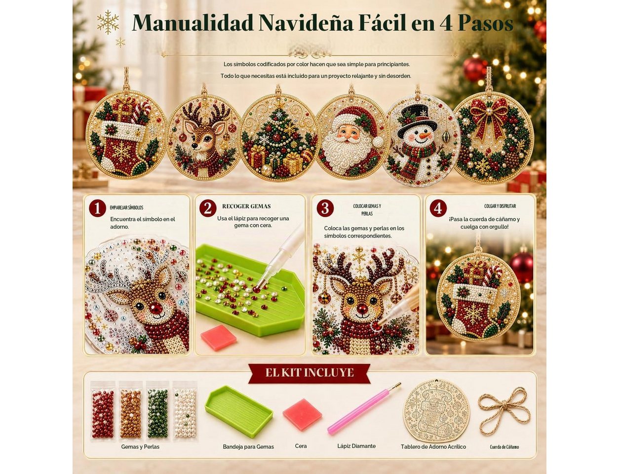 Bomiclss Kreativset 6-teiliges DIY-Set für Weihnachtsschmuck (Perlen- & Diamond-Art), Weihnachtliches Perlenbastelset mit Aufhängeschnur für Erwachsene Bild 4