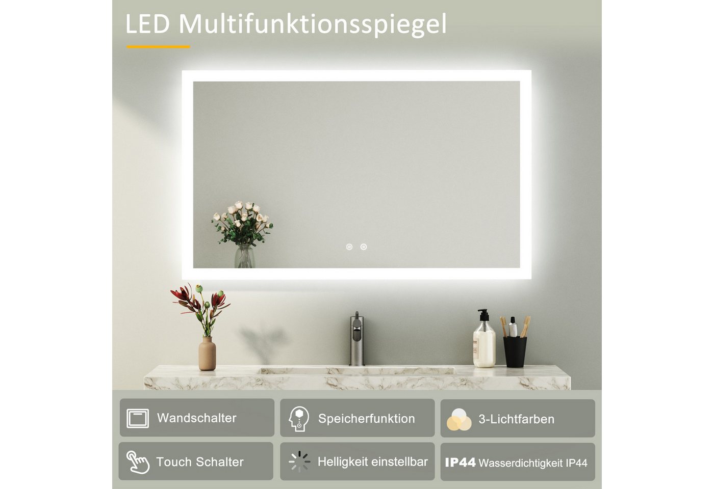 WDWRITTI Badspiegel LED Badezimmerspiegel mit Beleuchtung Spiegel groß 100-120cm (Kaltweiß,Neutral,Warmweiß, Speicherfunktion, Helligkeit dimmbar, Anti-Fog), 4mm HD gehärteter Spiegel