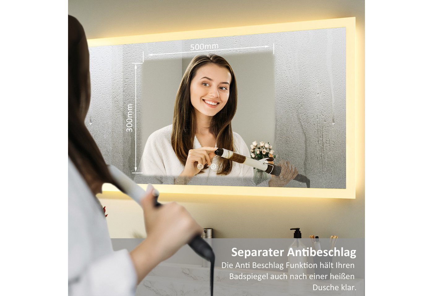 WDWRITTI Badspiegel LED Badezimmerspiegel mit Beleuchtung Spiegel groß 100-120cm (Kaltweiß,Neutral,Warmweiß, Speicherfunktion, Helligkeit dimmbar, Anti-Fog), 4mm HD gehärteter Spiegel Bild 2