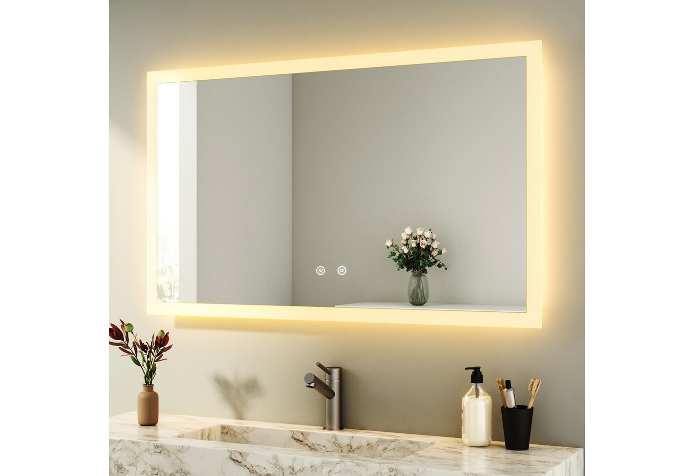 WDWRITTI Badspiegel LED Badezimmerspiegel mit Beleuchtung Spiegel groß 100-120cm (Kaltweiß,Neutral,Warmweiß, Speicherfunktion, Helligkeit dimmbar, Anti-Fog), 4mm HD gehärteter Spiegel Bild 3