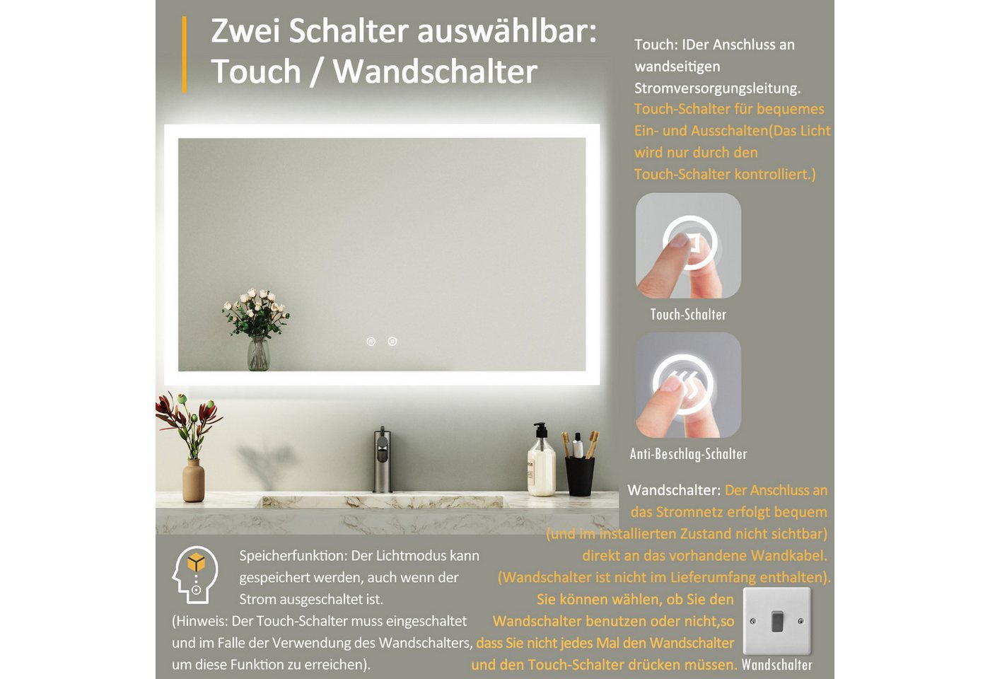 WDWRITTI Badspiegel LED Badezimmerspiegel mit Beleuchtung Spiegel groß 100-120cm (Kaltweiß,Neutral,Warmweiß, Speicherfunktion, Helligkeit dimmbar, Anti-Fog), 4mm HD gehärteter Spiegel Bild 4