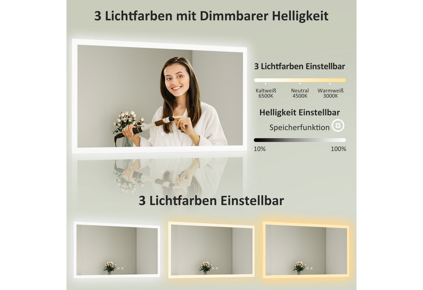 WDWRITTI Badspiegel LED Badezimmerspiegel mit Beleuchtung Spiegel groß 100-120cm (Kaltweiß,Neutral,Warmweiß, Speicherfunktion, Helligkeit dimmbar, Anti-Fog), 4mm HD gehärteter Spiegel Bild 5