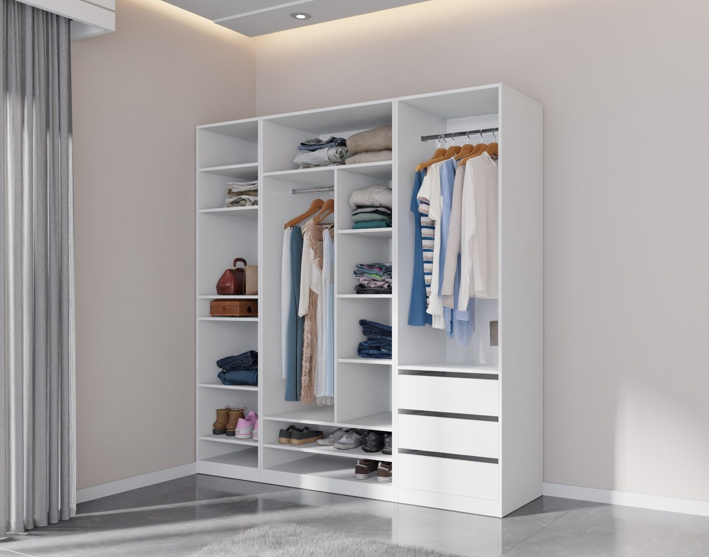 Marmex Möbel Garderobenschrank TRES SET E/B offener Kleiderschrank 2 Kleiderstangen 200x206x51 (3-St) drei Schubladen, viel Stauraum