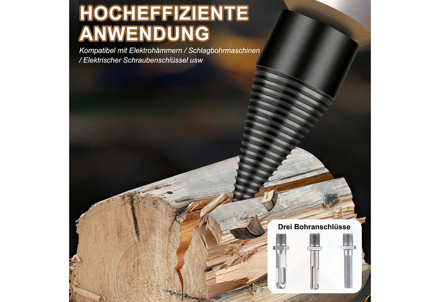 HEYHIPPO Holzspalter Holzspaltbohrer,6-teiliges Holzspalter-Bohrerset für Handbohrmaschinen, (6-St., Kegelförmiger Schlagbohrer aus Kohlenstoffstahl für alle Holzarten), Schwerlast-Holzspalterbohrer Set mit SDS-, Sechskant- und Rundschaft Bild 5