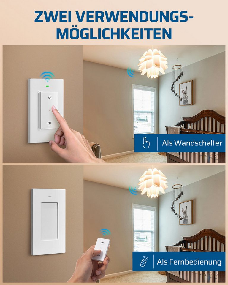DEWENWILS Licht-Funksteuerung Funkschalter Set, für Schlafzimmer, Kinderzimmer, Büro, Arbeitszimmer, Wohnzimmer, 15A, Funk Wandschalter, Kabellos Funk Lichtschalter Set Bild 3