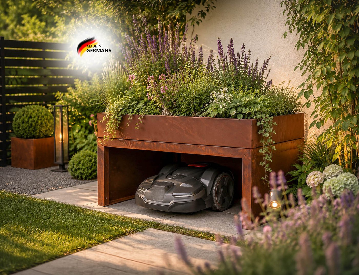 BADEKO Mähroboter-Garage aus Edelrost mit Pflanzeinfassung 80x70x40 cm in hochwertiger Ausf., Pflanzwanne zum Abnehmen Bild 2