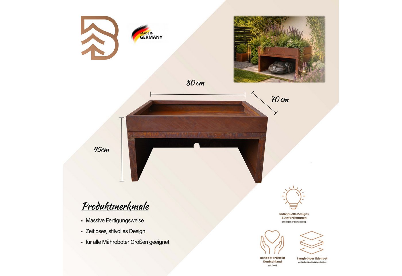 BADEKO Mähroboter-Garage aus Edelrost mit Pflanzeinfassung 80x70x40 cm in hochwertiger Ausf., Pflanzwanne zum Abnehmen Bild 3