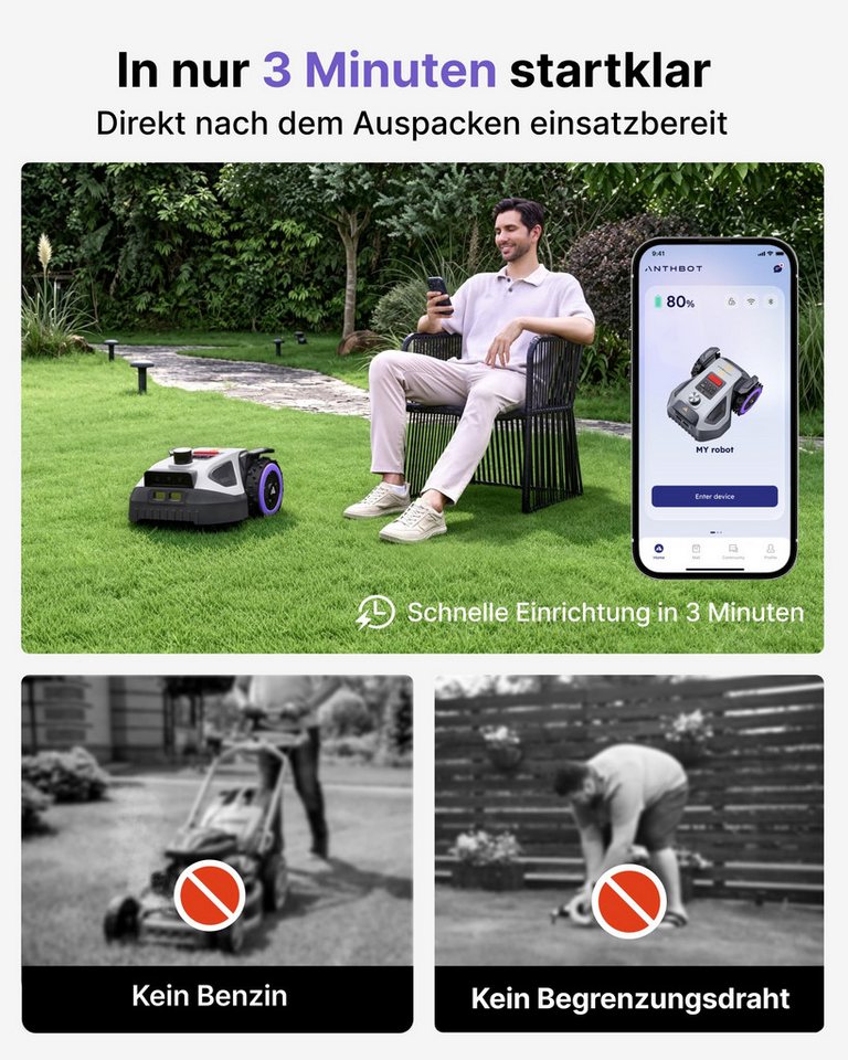 ANTHBOT Rasenmähroboter M9 PRO Set inkl. Garage Pro & RTK-Booster, HoloSense™ Quad-Fusion, bis 1500 m² Rasenfläche, (Ohne Begrenzungsdraht • 360° LiDAR • HDR-Dual-Vision), 45% Steigung, Kantenmähen, Multizonen, App-Steuerung, IPX6 Bild 5