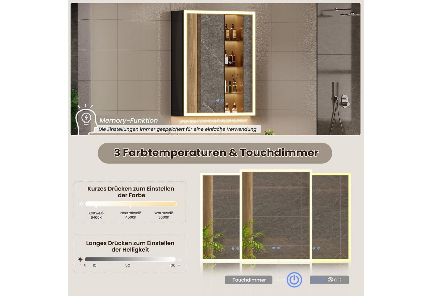 MSMASK Spiegelschrank aus Metall mit LED Beleuchtung und Steckdose, 50x14x70 cm, Schwarz (1-St) Badschrank mit Anti‑Fog, verstellbaren Ablagen, 3 Farbtemperatur