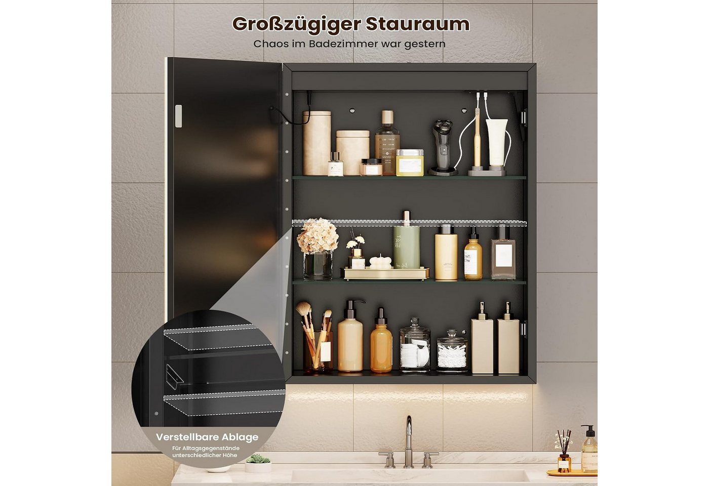 MSMASK Spiegelschrank aus Metall mit LED Beleuchtung und Steckdose, 50x14x70 cm, Schwarz (1-St) Badschrank mit Anti‑Fog, verstellbaren Ablagen, 3 Farbtemperatur Bild 2