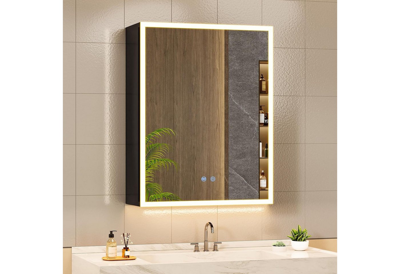 MSMASK Spiegelschrank aus Metall mit LED Beleuchtung und Steckdose, 50x14x70 cm, Schwarz (1-St) Badschrank mit Anti‑Fog, verstellbaren Ablagen, 3 Farbtemperatur Bild 3