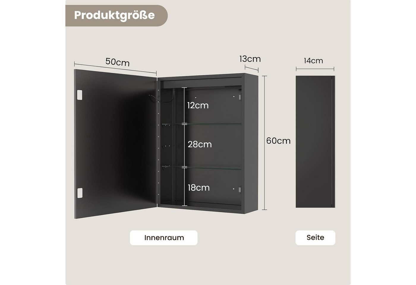 MSMASK Spiegelschrank aus Metall mit LED Beleuchtung und Steckdose, 50x14x70 cm, Schwarz (1-St) Badschrank mit Anti‑Fog, verstellbaren Ablagen, 3 Farbtemperatur Bild 4