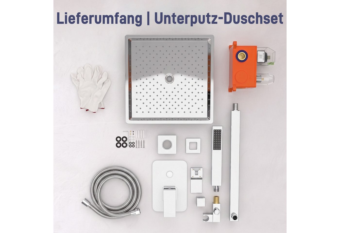 FIVMEN Duschsystem Unterputz Duscharmatur Set 30×30 cm Edelstahl Regen-Überkopfbrause, Edelstahl Handbrause, Einhandbedienung, inkl. Duschschlauch