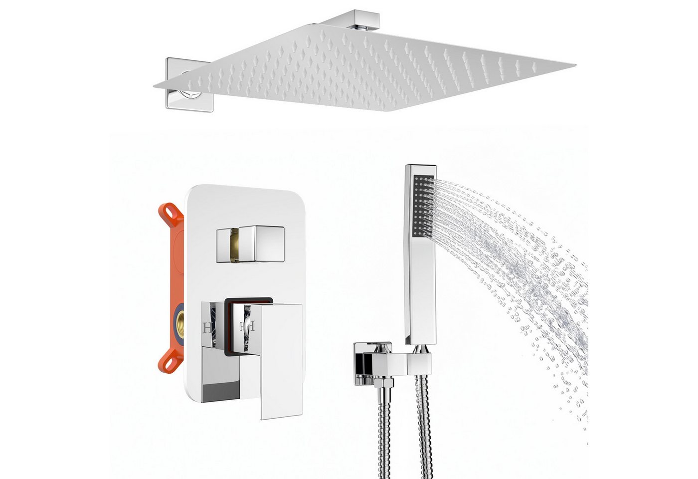 FIVMEN Duschsystem Unterputz Duscharmatur Set 30×30 cm Edelstahl Regen-Überkopfbrause, Edelstahl Handbrause, Einhandbedienung, inkl. Duschschlauch Bild 2