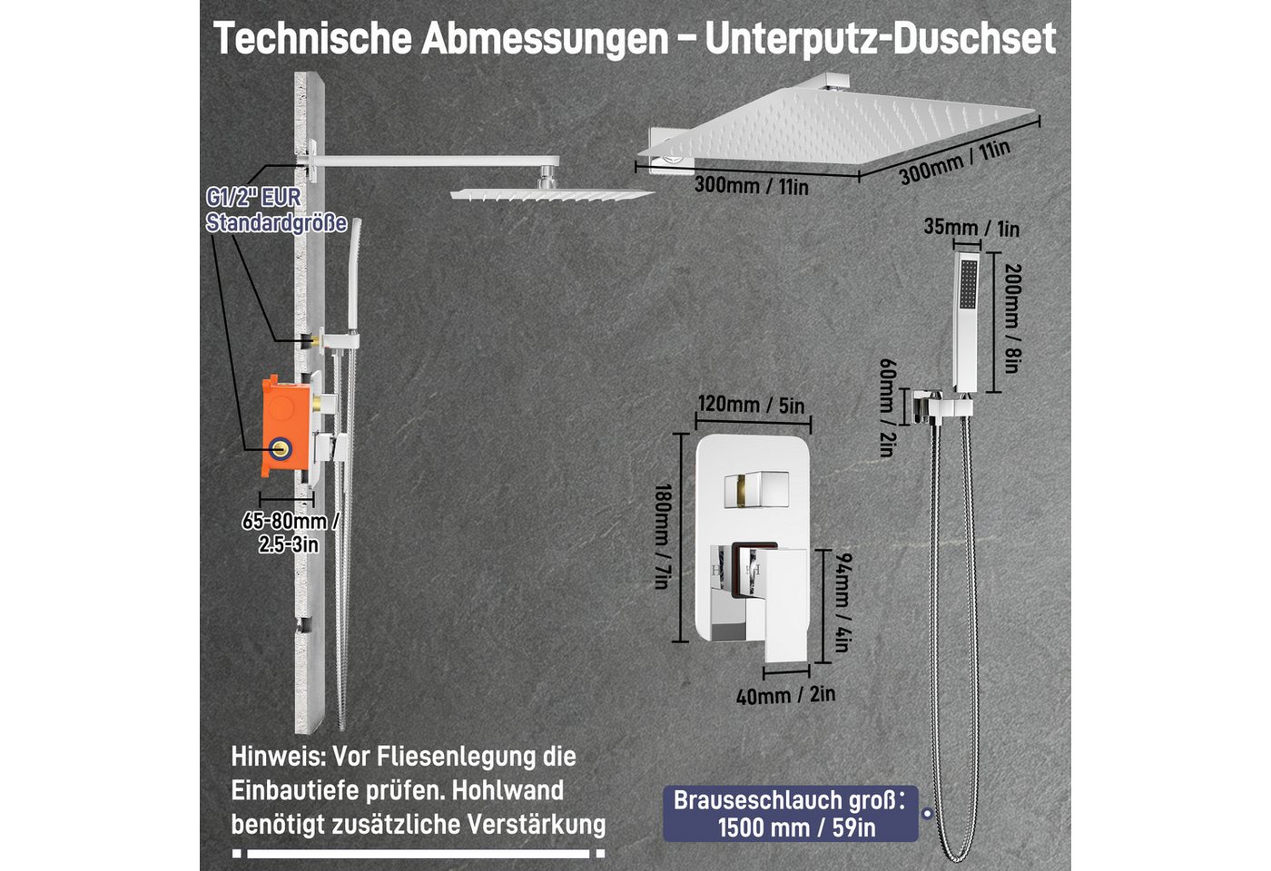 FIVMEN Duschsystem Unterputz Duscharmatur Set 30×30 cm Edelstahl Regen-Überkopfbrause, Edelstahl Handbrause, Einhandbedienung, inkl. Duschschlauch Bild 3