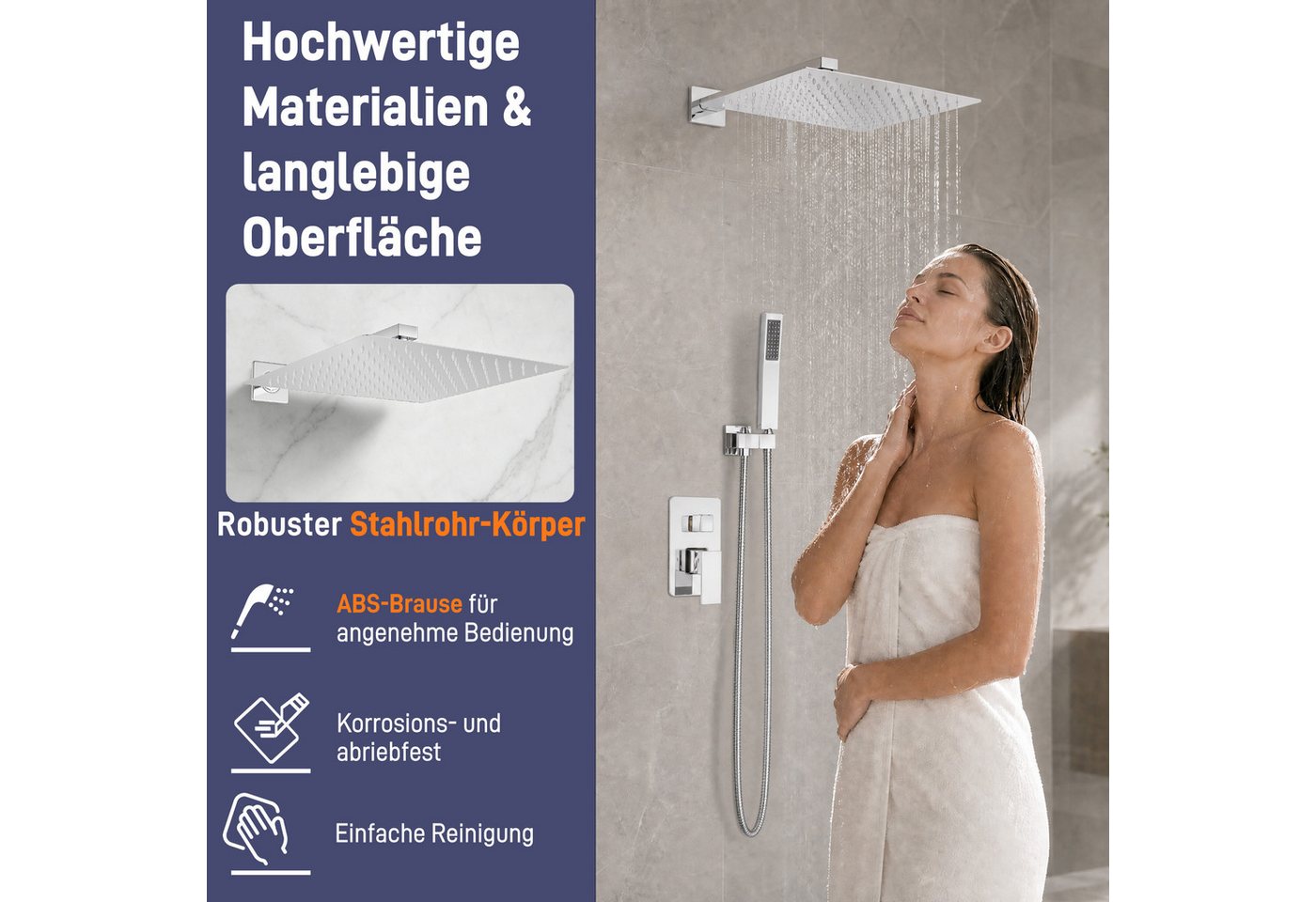 FIVMEN Duschsystem Unterputz Duscharmatur Set 30×30 cm Edelstahl Regen-Überkopfbrause, Edelstahl Handbrause, Einhandbedienung, inkl. Duschschlauch Bild 4