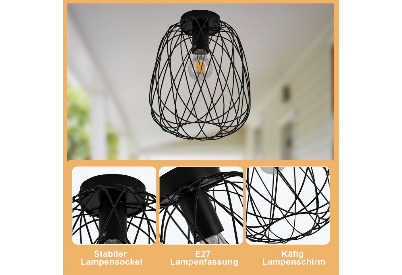 ZMH Deckenleuchte Ø 25cm Schwarz Vintage Deckenlampe Kaefig Gitter für Wohnzimmer Flur, ohne Leuchtmittel, 1Flammig E27 Metall Lampenschirm Deckenstrahler Korridor Esszimmer