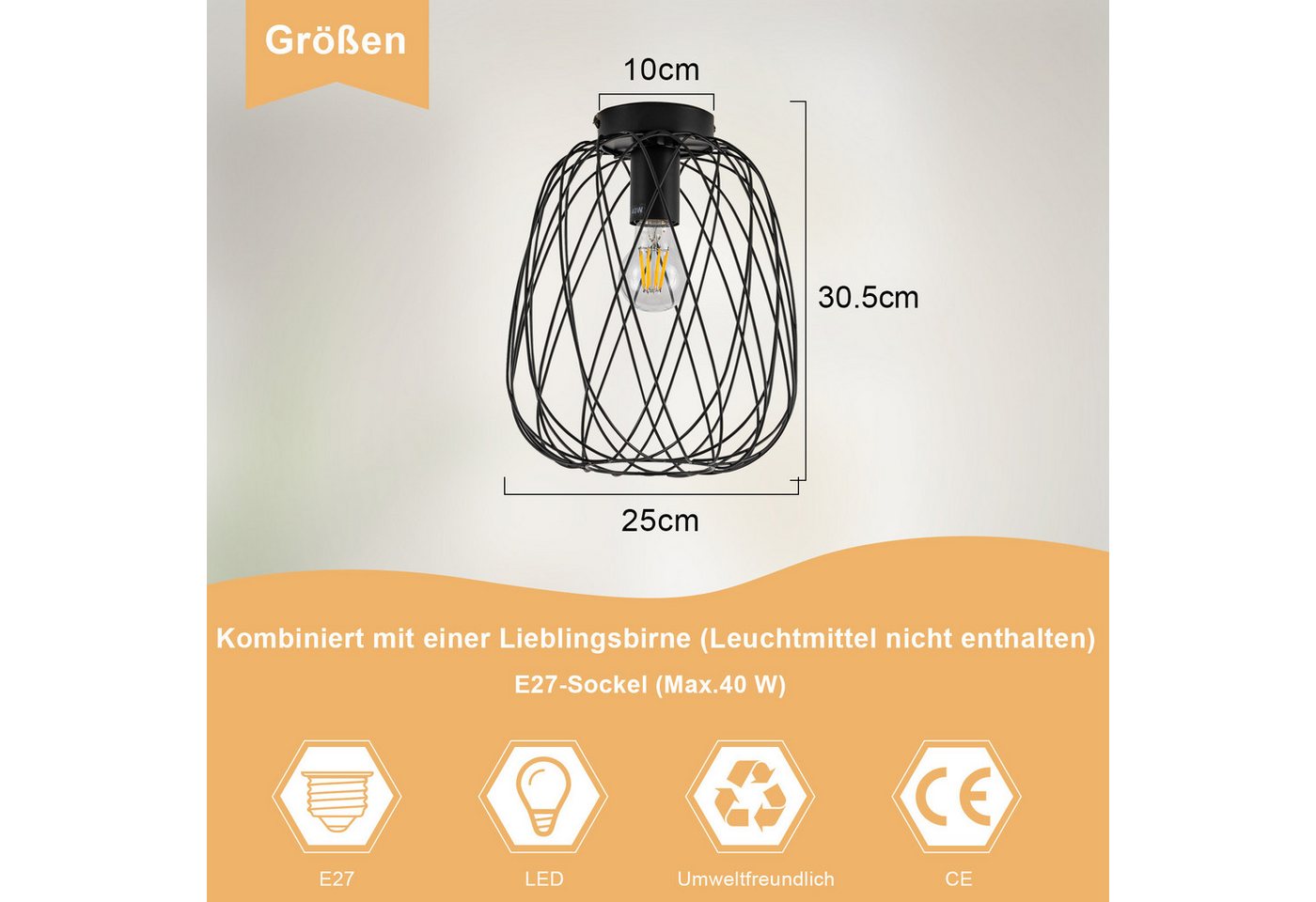 ZMH Deckenleuchte Ø 25cm Schwarz Vintage Deckenlampe Kaefig Gitter für Wohnzimmer Flur, ohne Leuchtmittel, 1Flammig E27 Metall Lampenschirm Deckenstrahler Korridor Esszimmer Bild 2