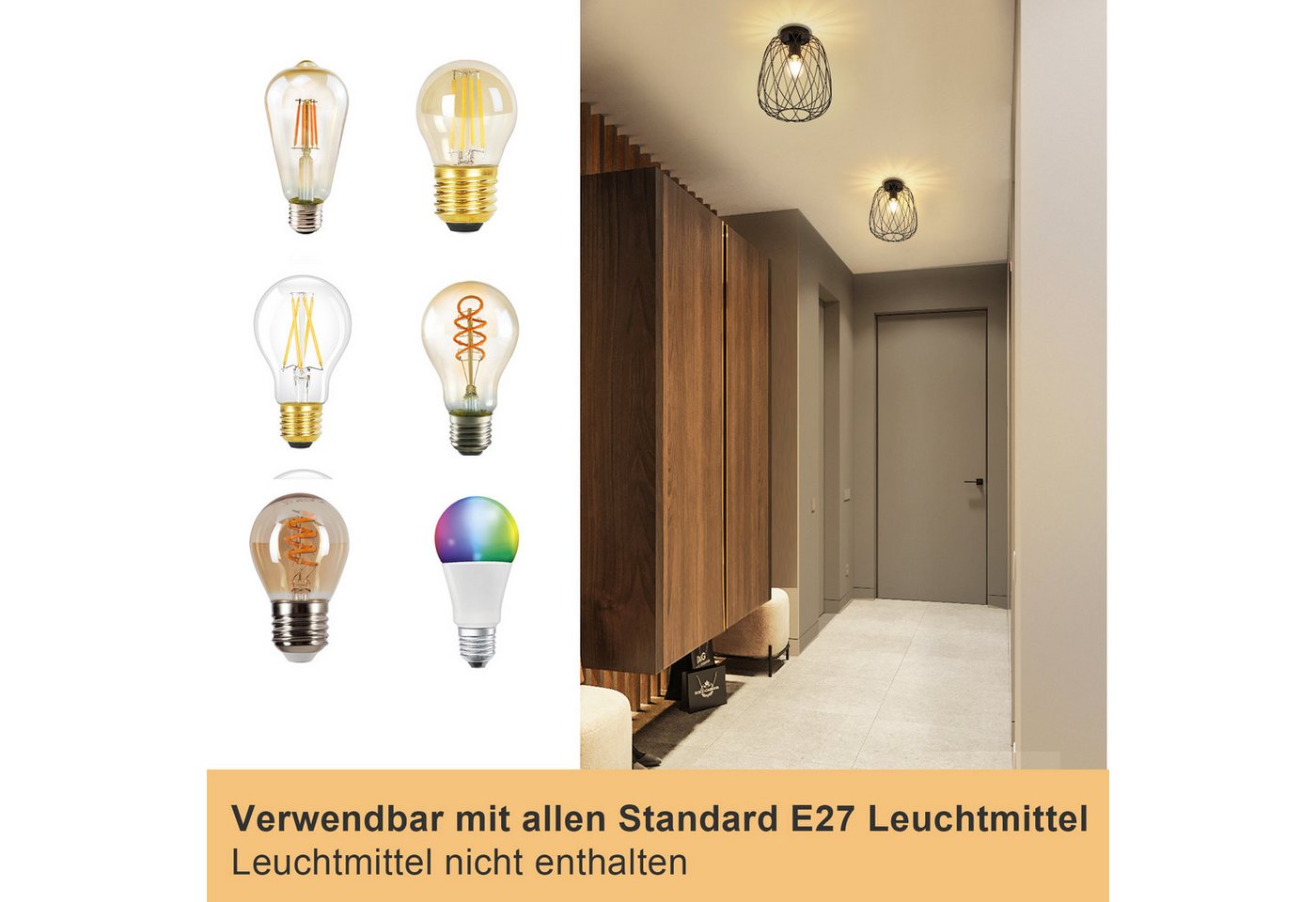 ZMH Deckenleuchte Ø 25cm Schwarz Vintage Deckenlampe Kaefig Gitter für Wohnzimmer Flur, ohne Leuchtmittel, 1Flammig E27 Metall Lampenschirm Deckenstrahler Korridor Esszimmer Bild 3