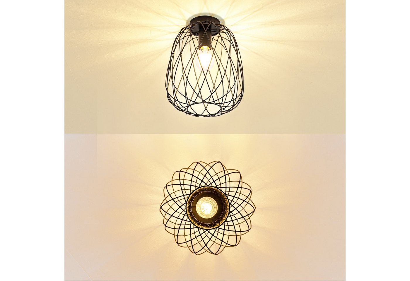 ZMH Deckenleuchte Ø 25cm Schwarz Vintage Deckenlampe Kaefig Gitter für Wohnzimmer Flur, ohne Leuchtmittel, 1Flammig E27 Metall Lampenschirm Deckenstrahler Korridor Esszimmer Bild 4