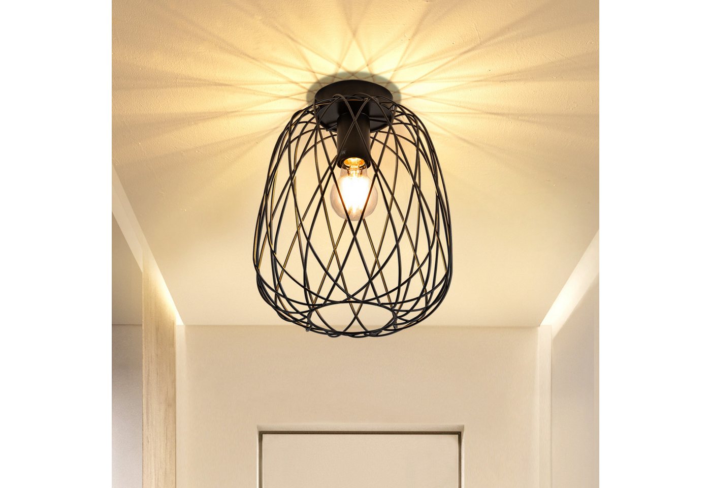 ZMH Deckenleuchte Ø 25cm Schwarz Vintage Deckenlampe Kaefig Gitter für Wohnzimmer Flur, ohne Leuchtmittel, 1Flammig E27 Metall Lampenschirm Deckenstrahler Korridor Esszimmer Bild 5