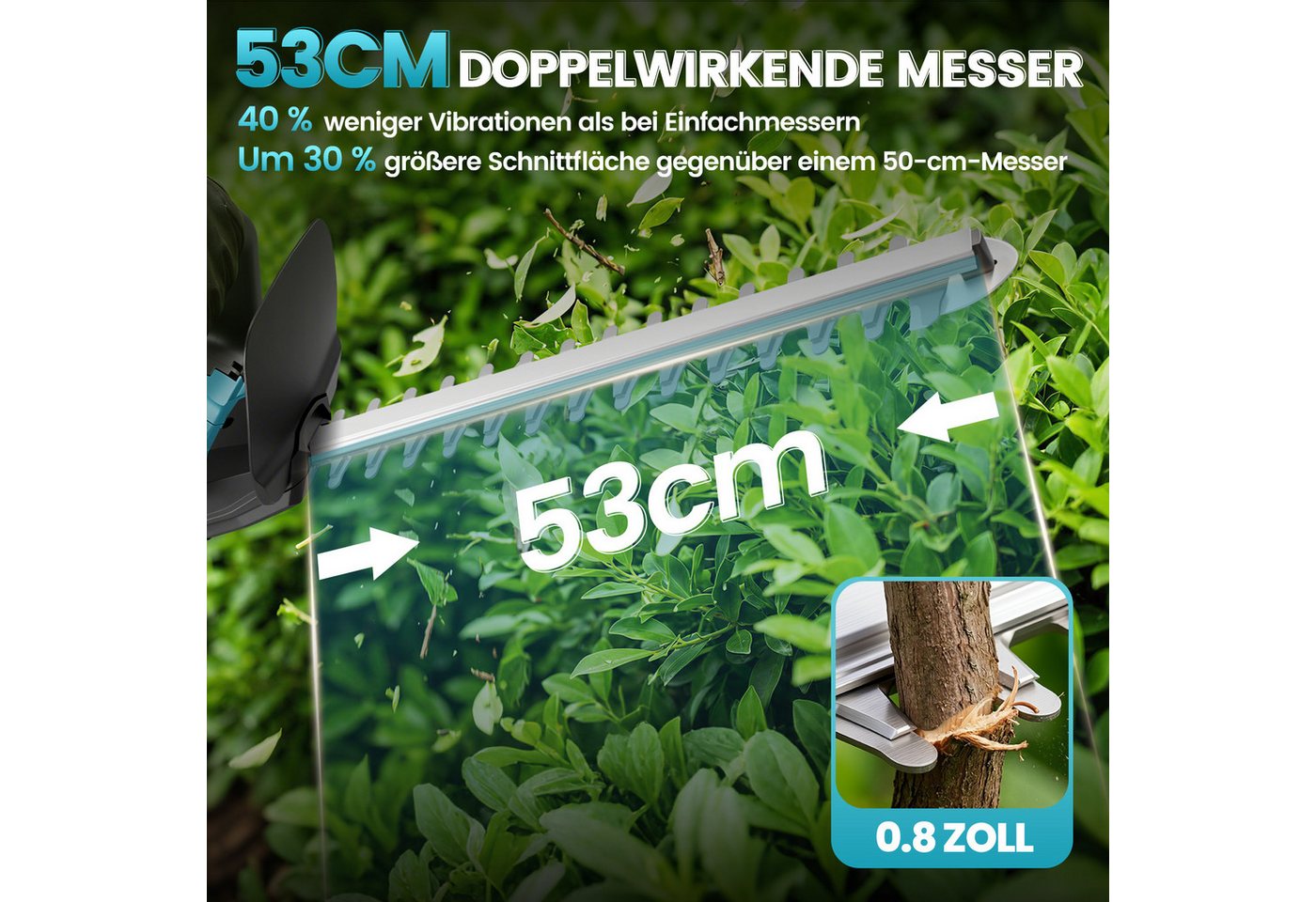 Bundviel Akku-Heckenschere Heckenschneider Heckentrimmer Gartenschere 530mm mit 2x Akkus