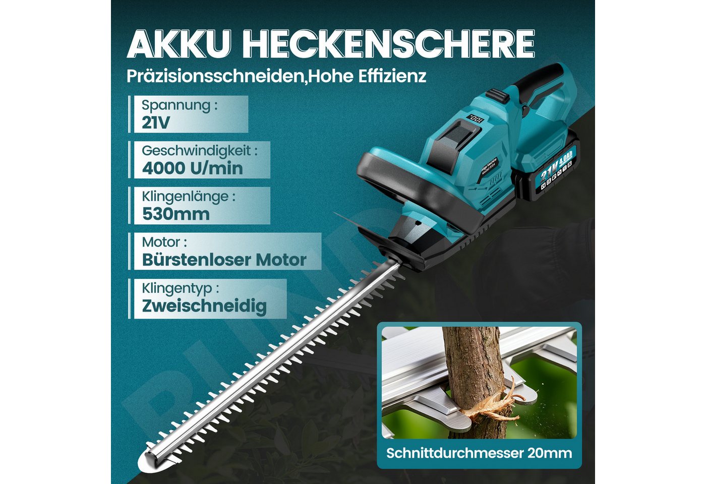 Bundviel Akku-Heckenschere Heckenschneider Heckentrimmer Gartenschere 530mm mit 2x Akkus Bild 5