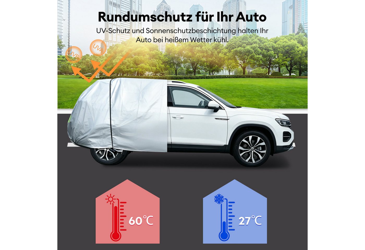 CkeyiN Pro Autoplane Autoschutzhülle, Autoabdeckung, Abdeckplane, Autogarage,Vollgarage (500 x 200 x 175 cm, Staubdicht,Wetterfeste,Wasserdicht,UV-Schutz), mit Aufbewahrungstasche, Outdoor Winter & Sommer Car Cover Bild 4