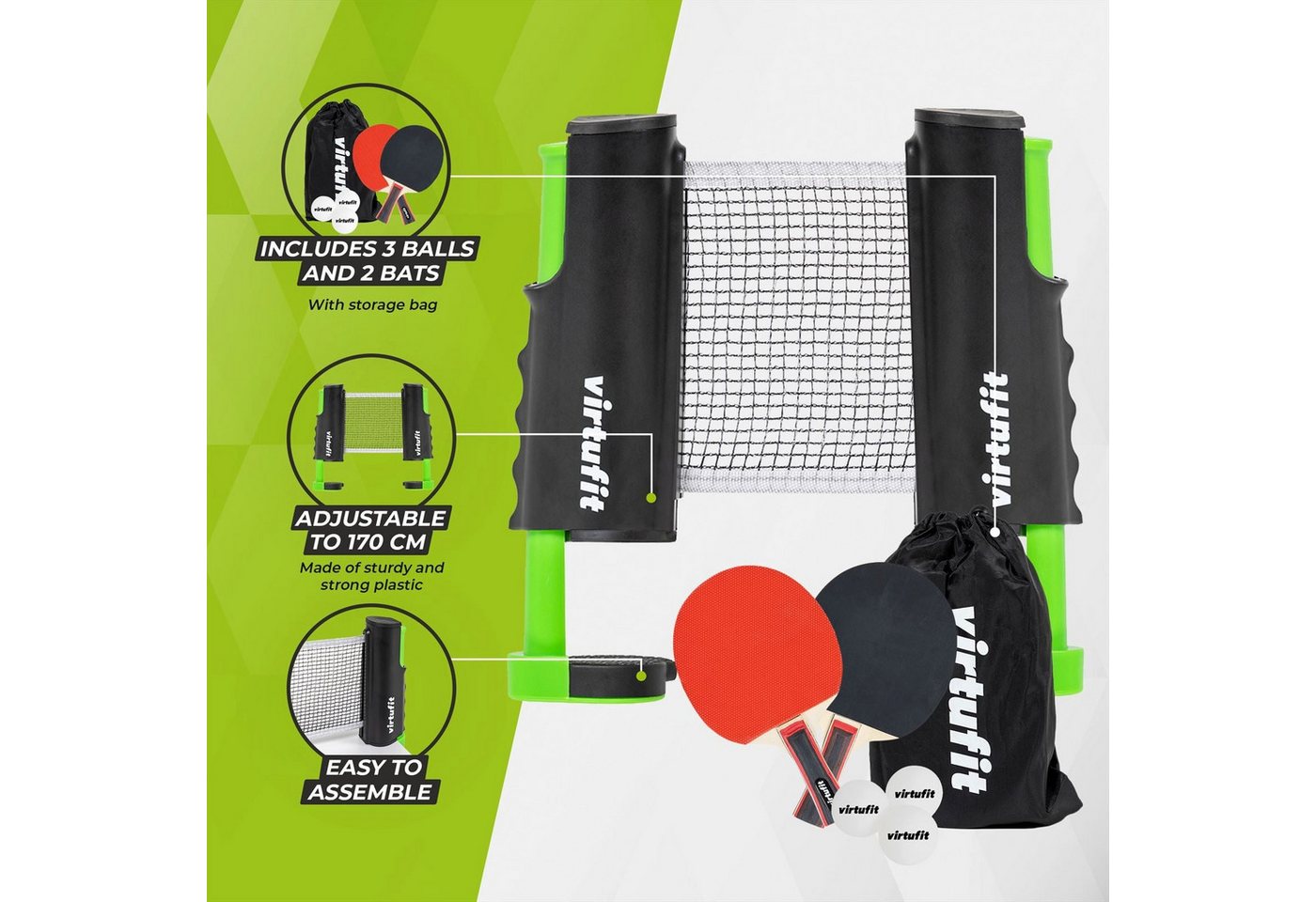 VirtuFit Tischtennisplatte VirtuFit Verstellbare Tischtennisnetz-Set mit 2 Schlägern und 3 Bällen Bild 4