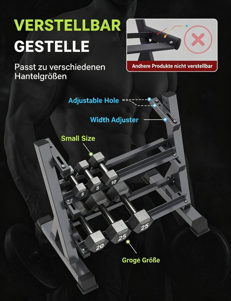 Dripex Kurzhantelständer Kurzhantelständer Verstellbarer 3-stöckiger Hantelablage 500 kg, 5–13 cm für verschiedene Hantelgrößen Bild 2