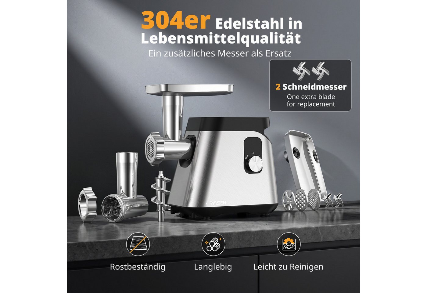 Airmsen Fleischwolf 3000W Max Elektrischer Fleischwolf,2 Geschwindigkeit,Edelstahlgehäuse, 3000 W, mit Wurstfüller, Kubbe-Kit,Spülmaschinensicherheit,3-Lochscheiben-Set