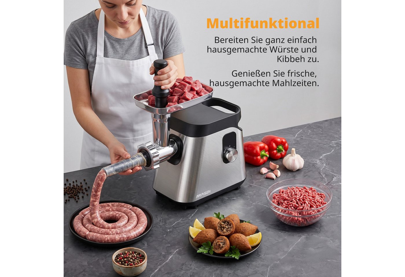 Airmsen Fleischwolf 3000W Max Elektrischer Fleischwolf,2 Geschwindigkeit,Edelstahlgehäuse, 3000 W, mit Wurstfüller, Kubbe-Kit,Spülmaschinensicherheit,3-Lochscheiben-Set Bild 3
