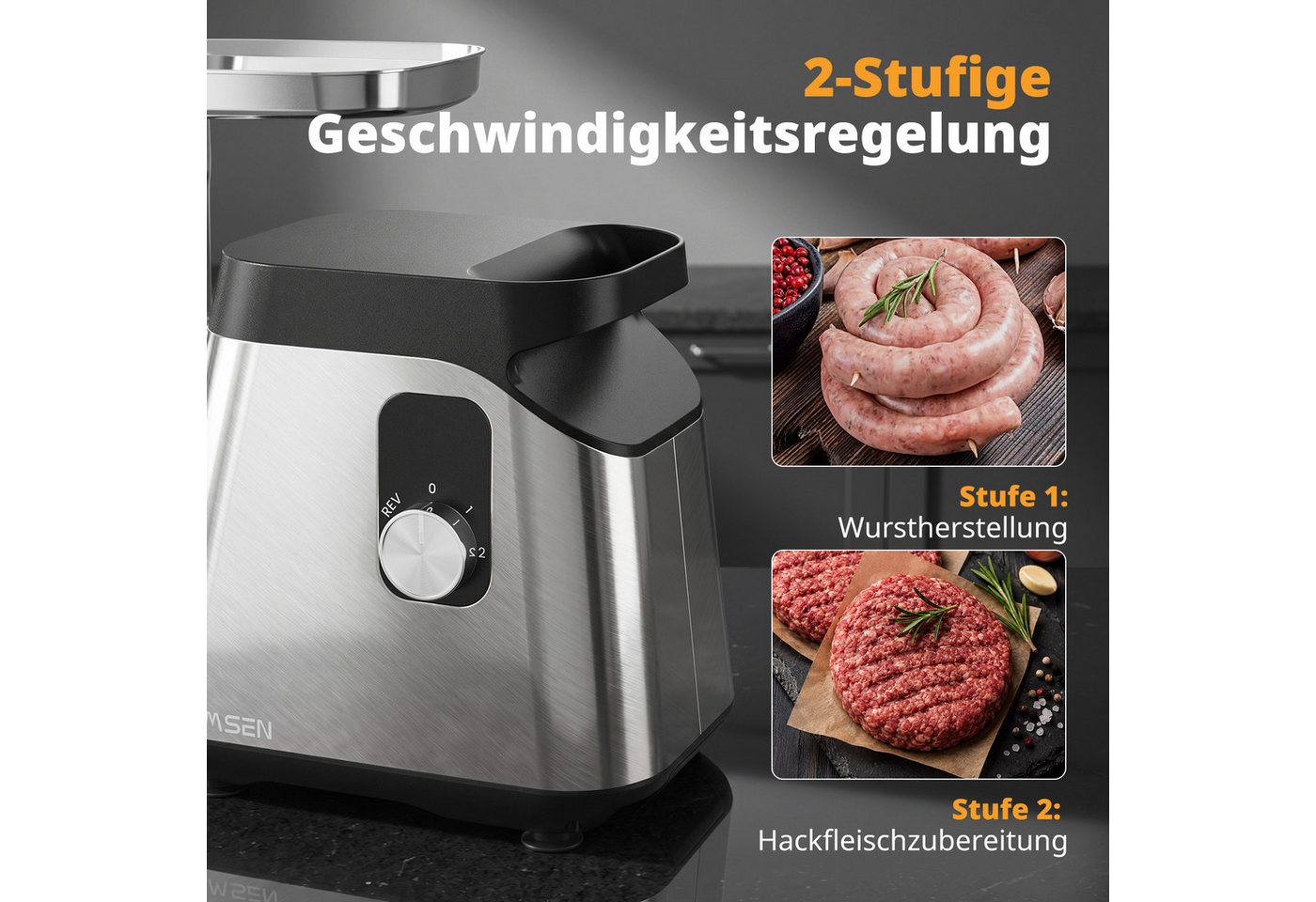 Airmsen Fleischwolf 3000W Max Elektrischer Fleischwolf,2 Geschwindigkeit,Edelstahlgehäuse, 3000 W, mit Wurstfüller, Kubbe-Kit,Spülmaschinensicherheit,3-Lochscheiben-Set Bild 4