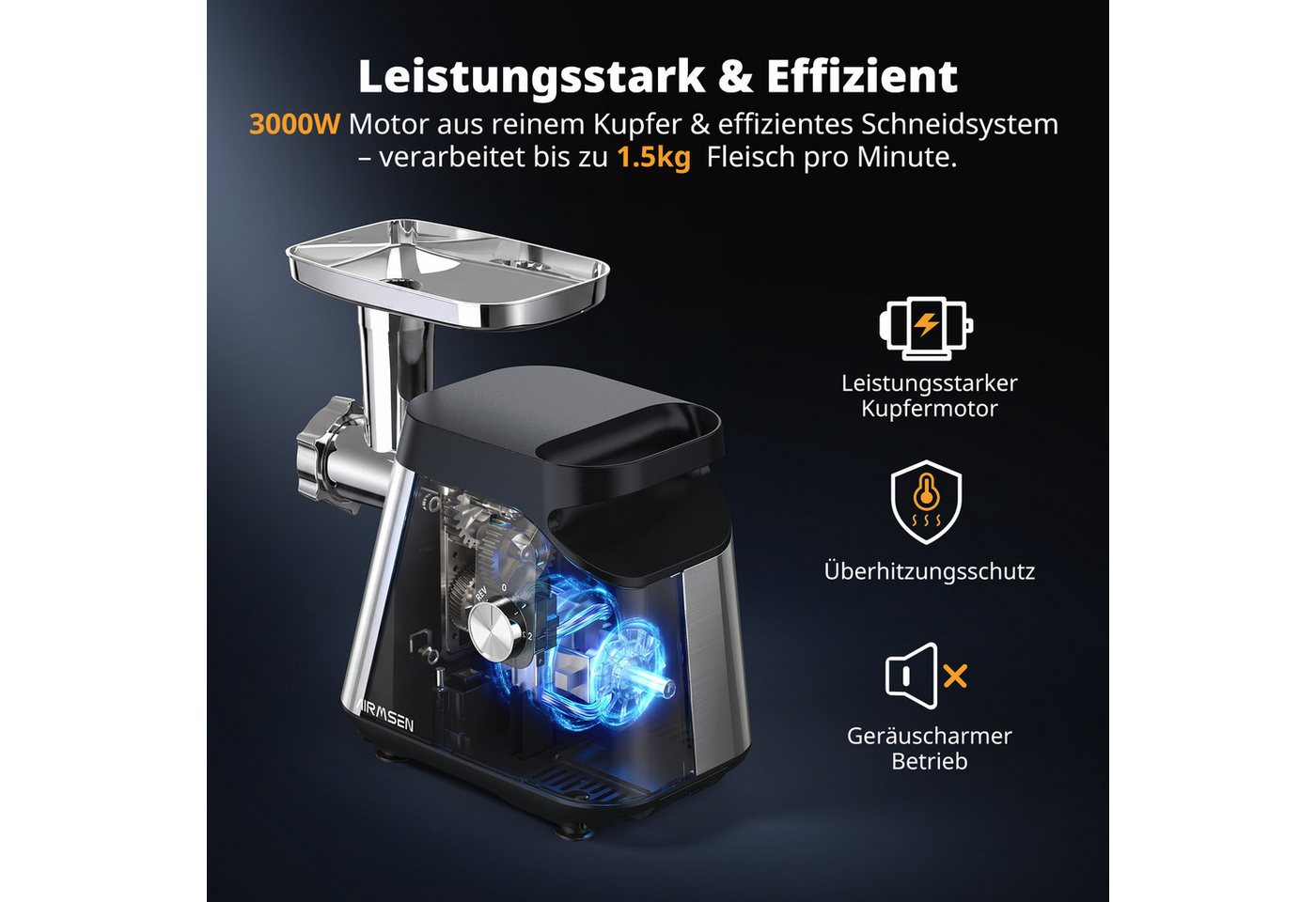 Airmsen Fleischwolf 3000W Max Elektrischer Fleischwolf,2 Geschwindigkeit,Edelstahlgehäuse, 3000 W, mit Wurstfüller, Kubbe-Kit,Spülmaschinensicherheit,3-Lochscheiben-Set Bild 5