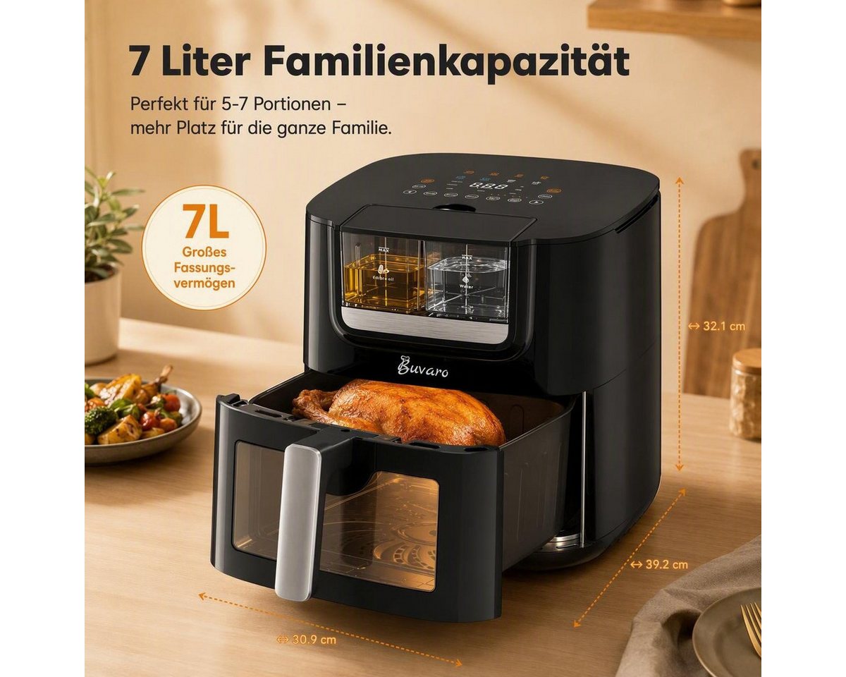 BUVARO Heißluftfritteuse 7L XXL mit automatischer Öl- und Wassersprühfunktion, 60-Minuten-Timer, 1800 W, mit 8 voreingestellte Programme, Sichtfenster, LED-Display