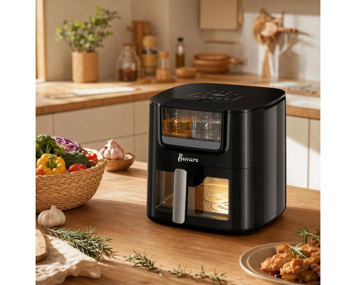 BUVARO Heißluftfritteuse 7L XXL mit automatischer Öl- und Wassersprühfunktion, 60-Minuten-Timer, 1800 W, mit 8 voreingestellte Programme, Sichtfenster, LED-Display Bild 3