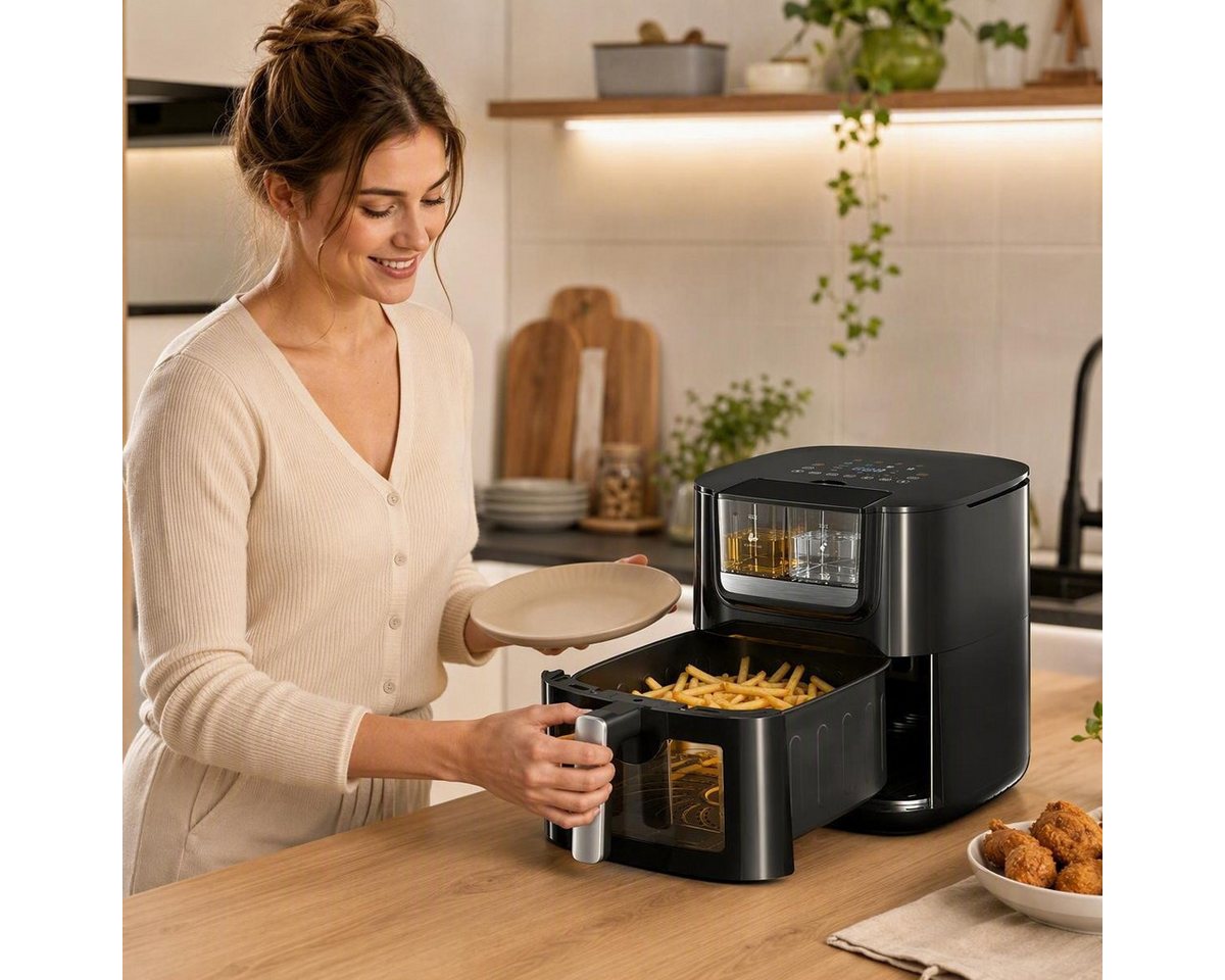 BUVARO Heißluftfritteuse 7L XXL mit automatischer Öl- und Wassersprühfunktion, 60-Minuten-Timer, 1800 W, mit 8 voreingestellte Programme, Sichtfenster, LED-Display Bild 4