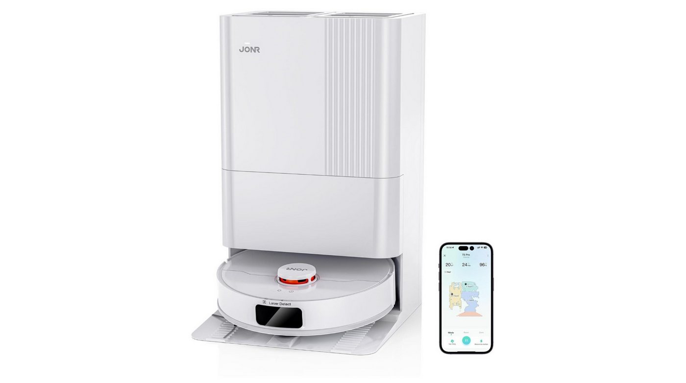 JONR Saugroboter mit Wischfunktion T5 Pro, 8000 Pa Saugkraft, Mit ausziehbarem Wischmopp