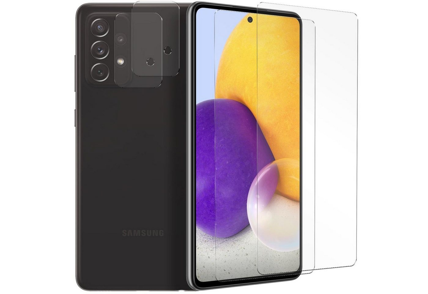 CoolGadget Schutzfolie Panzerfolie für Samsung A72, (Spar-Set 4in1, 2x Displayschutz, 2x Kameraschutz), Panzerglas Schutzfolie für Samsung Galaxy A72 Folie