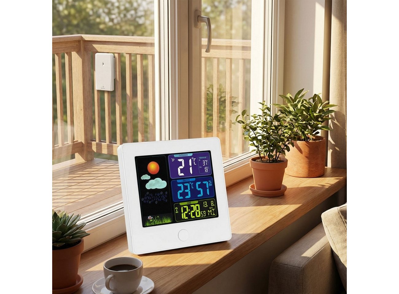 Casativo Funk-Wetterstation mit Außensensor, Farbdisplay, Wecker & Hygro Funkwetterstation (mit 60m Außensensor, Farbdisplay, Min/Max-Speicher & Snooze-Wecker)