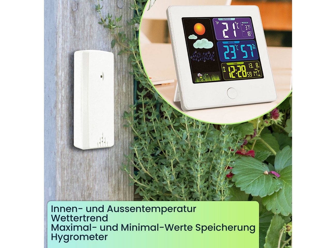 Casativo Funk-Wetterstation mit Außensensor, Farbdisplay, Wecker & Hygro Funkwetterstation (mit 60m Außensensor, Farbdisplay, Min/Max-Speicher & Snooze-Wecker) Bild 2