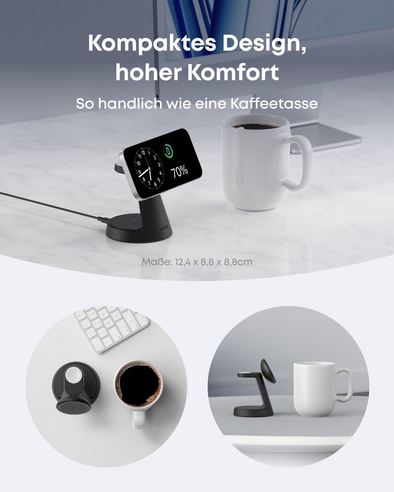 Anker Anker MagGo 3-in-1 Ladestation Qi2 15W MagSafe kompatibel Ladegerät Induktions-Ladegerät (Set, kabellose Ladestation, 40W USB-C Adapter, 1,5m USB C auf USB C Kabel, iPhone Induktive Ladestation, Wireless Charger für iPhone und mehr) Bild 4