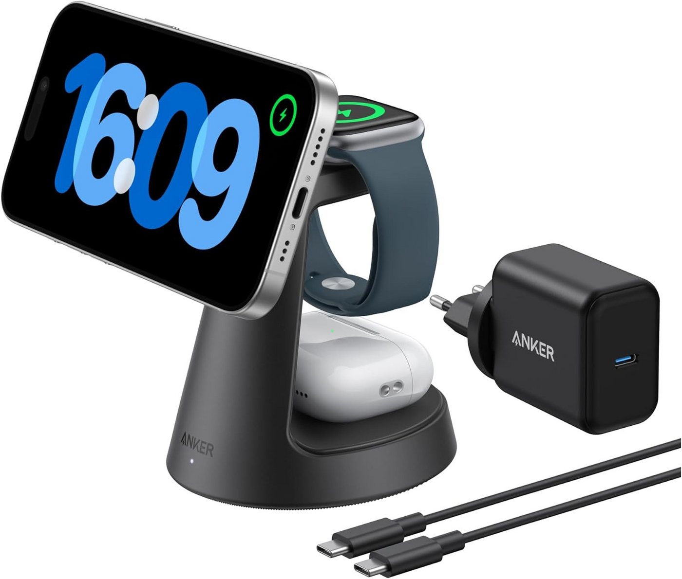 Anker Anker MagGo 3-in-1 Ladestation Qi2 15W MagSafe kompatibel Ladegerät Induktions-Ladegerät (Set, kabellose Ladestation, 40W USB-C Adapter, 1,5m USB C auf USB C Kabel, iPhone Induktive Ladestation, Wireless Charger für iPhone und mehr) Bild 5