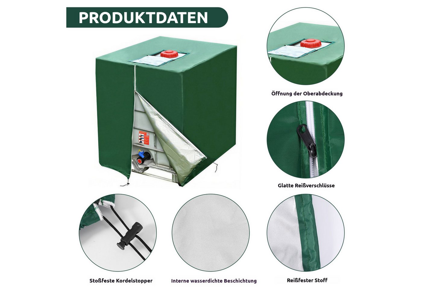 BlingBin Schutzplane IBC Tank Abdeckplane 1000L,420D Anti-UV Schutzplane mit Reißverschluss (1er Set, 1-St., 120 × 100 × 122 cm), Abdeckung für Regenwassertank Container