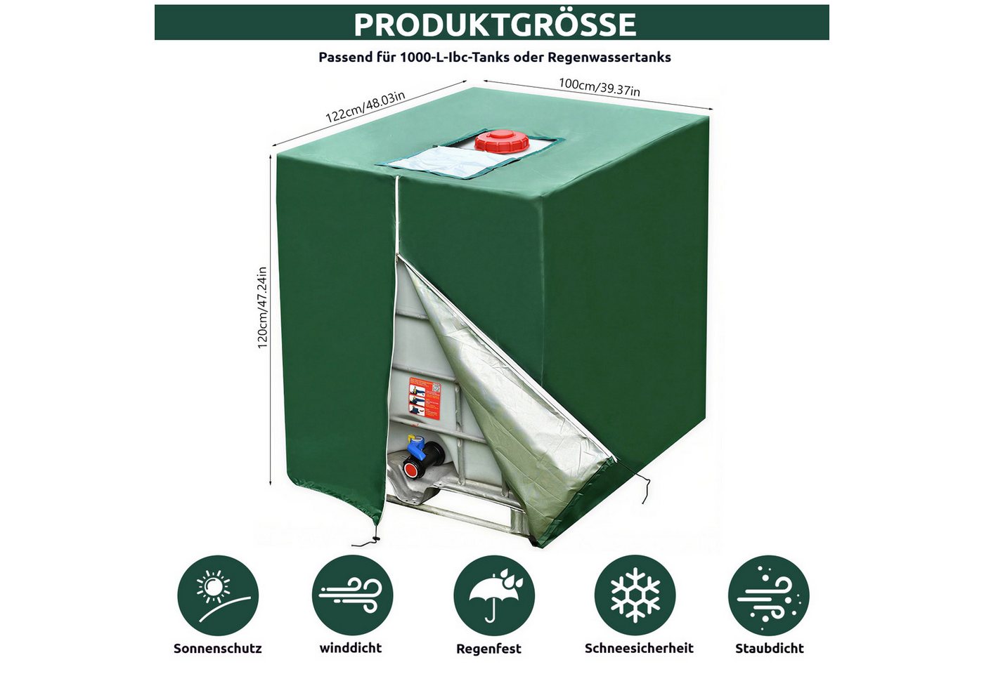 BlingBin Schutzplane IBC Tank Abdeckplane 1000L,420D Anti-UV Schutzplane mit Reißverschluss (1er Set, 1-St., 120 × 100 × 122 cm), Abdeckung für Regenwassertank Container Bild 4