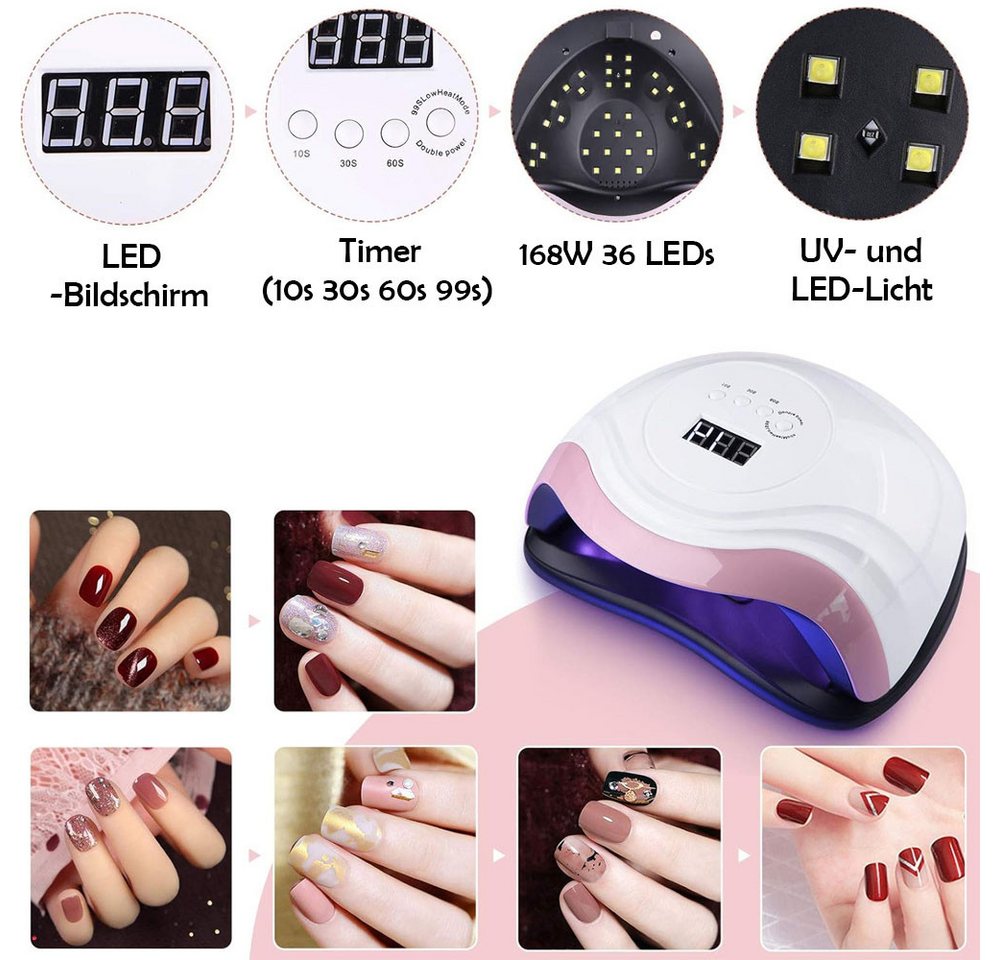 TUWENA Lichthärtungsgerät 168W Nageltrockner Lampe, 36UV LED Lampe für Nägel Gelnägel Nagellampe, Mit 10/30/60/99s Timer LCD Anzeige Smart Sensor für Finger/Zehennagel