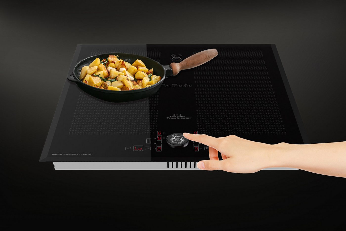 Kaiser Küchengeräte Induktions-Kochfeld 60 cm Premium Induktionskochfeld mit schwarzer Glaskeramik und Facetten, autarkes Einbau Induktionsherd mit 4 QuickHeat Kochzonen, 2×4 Full FlexInduktions FREE ZONE und Power Booster KCT 61 FI, Kindersicherung, 4fach Restwärmeanzeige, Safety Guard