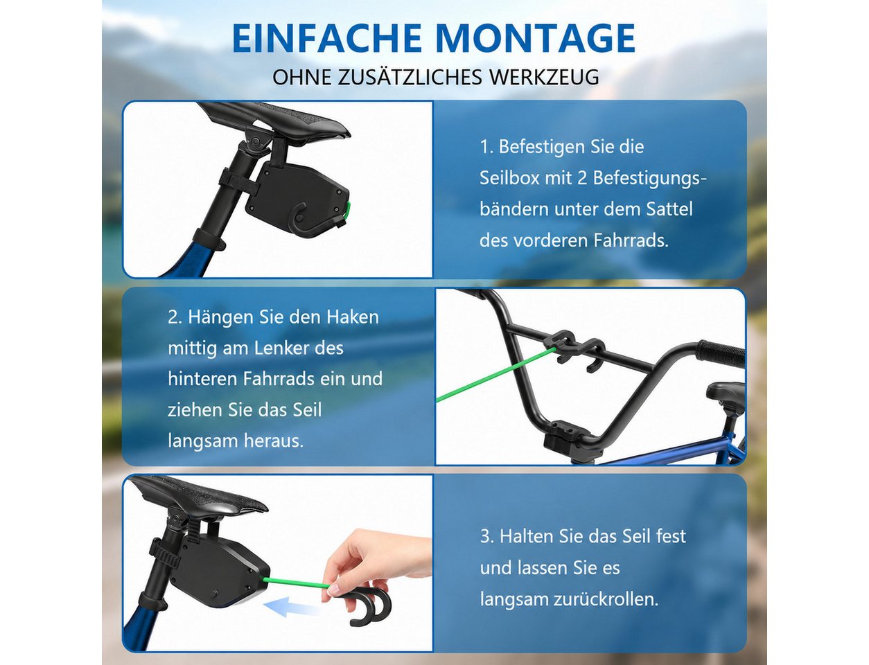 AIMAX Abschleppseil Fahrrad Abschleppseil Kinder, 2,5 m Zugseil bis 90 kg, Schwarz, Fahrradleine & Fahrrad Traktionsseil, Nylon, 2 Befestigungsgurte Bild 2